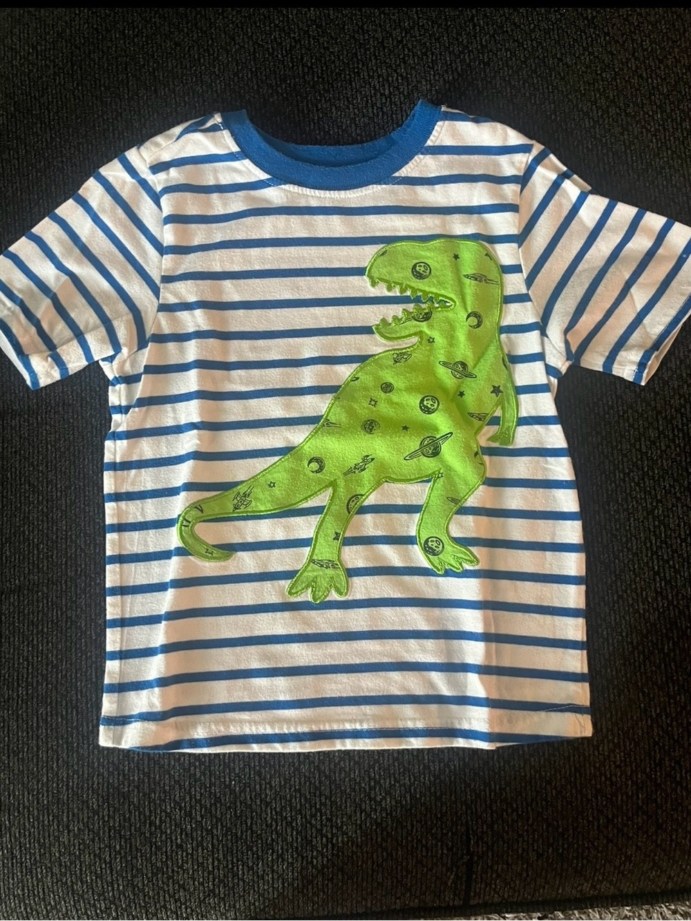 Striped White & Blue Kids T-Shirt with Green Dinosaur